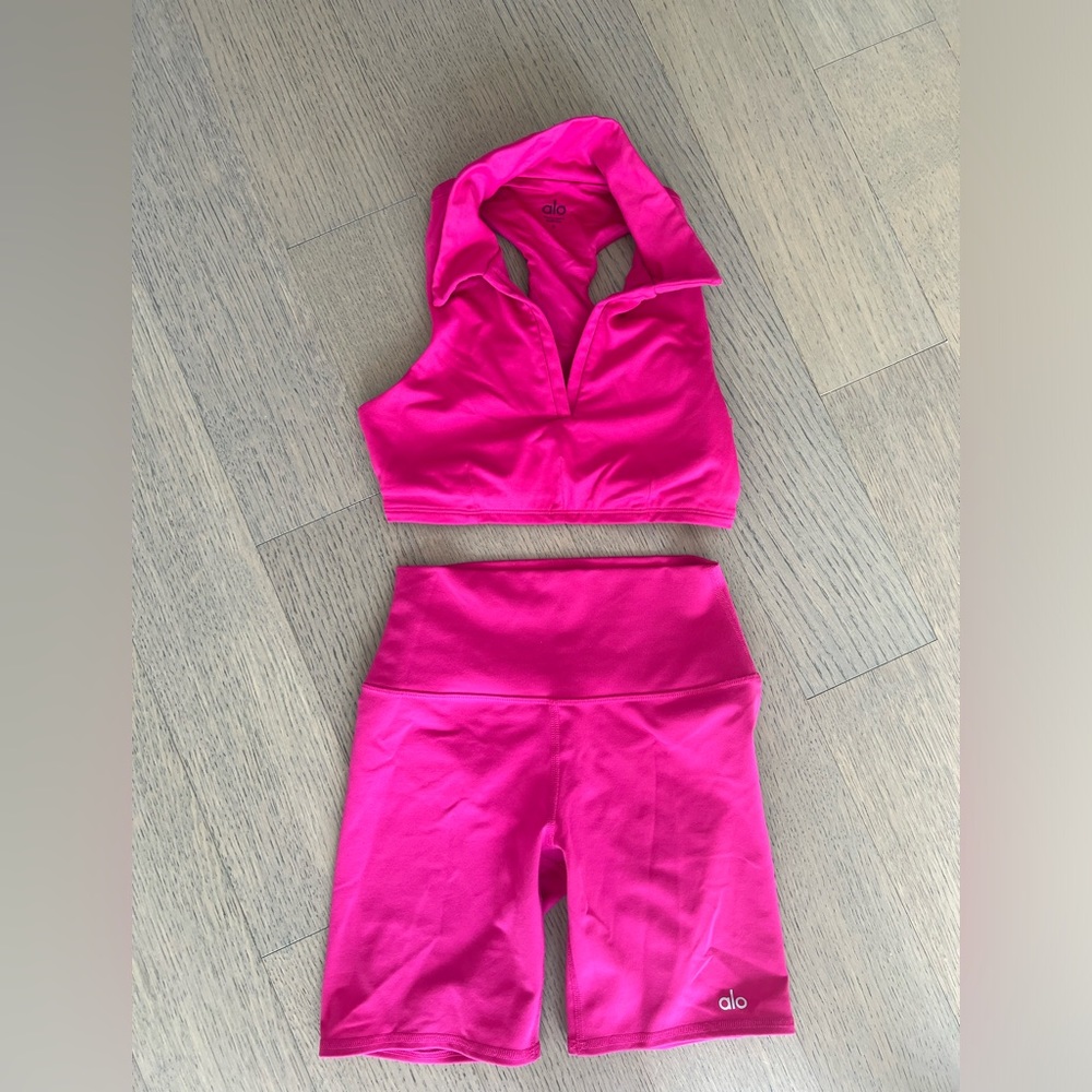 Alo Magenta Crush Tennis Polo Top + Biker shorts